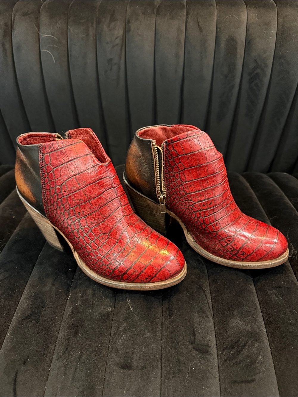 Freebird by Steven Red Croc-Embossed Ankle Booties